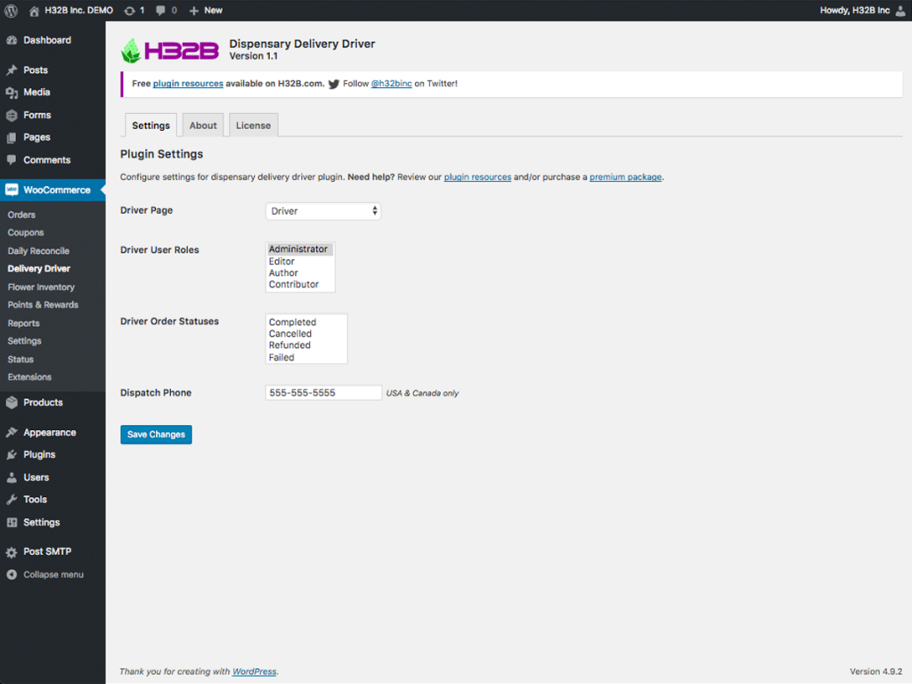 H32B Dispensary Delivery Driver WooCommerce Plugin - Screenshot
