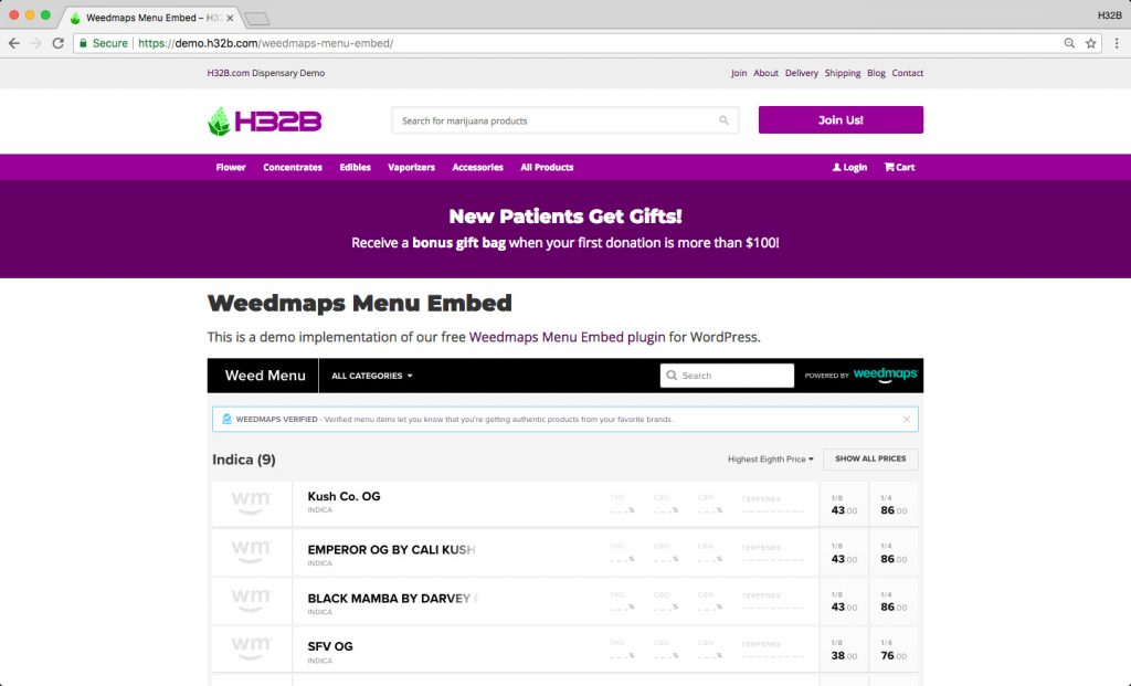 H32B Weedmaps Plugin for Wordpress - Weedmaps Menu Embed Plugin - Screenshots - 001