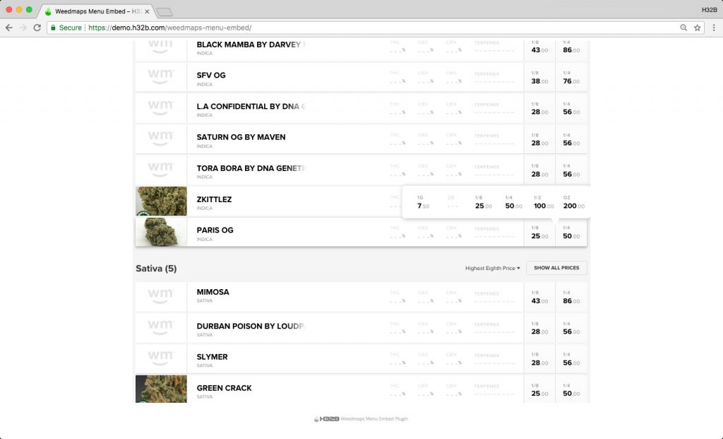 H32B Weedmaps Plugin for Wordpress - Weedmaps Menu Embed Plugin - Screenshots - 002